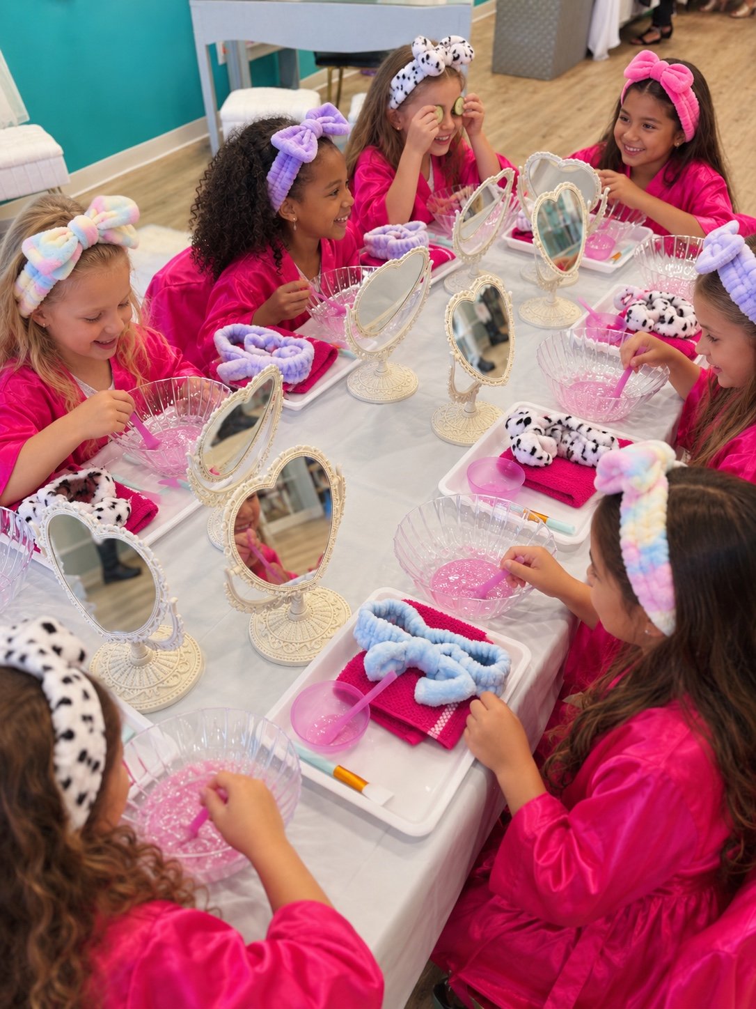 Girls enjoying spa activities at a spa-themed birthday party