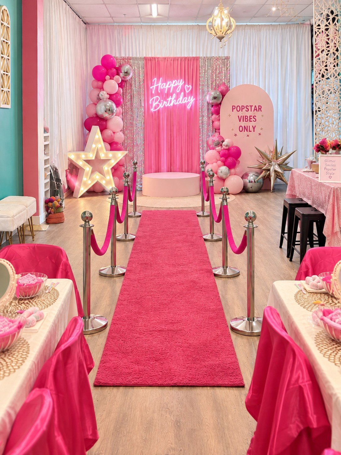 Popstar Party red carpet and photo backdrop at Posh & Pearl Studio