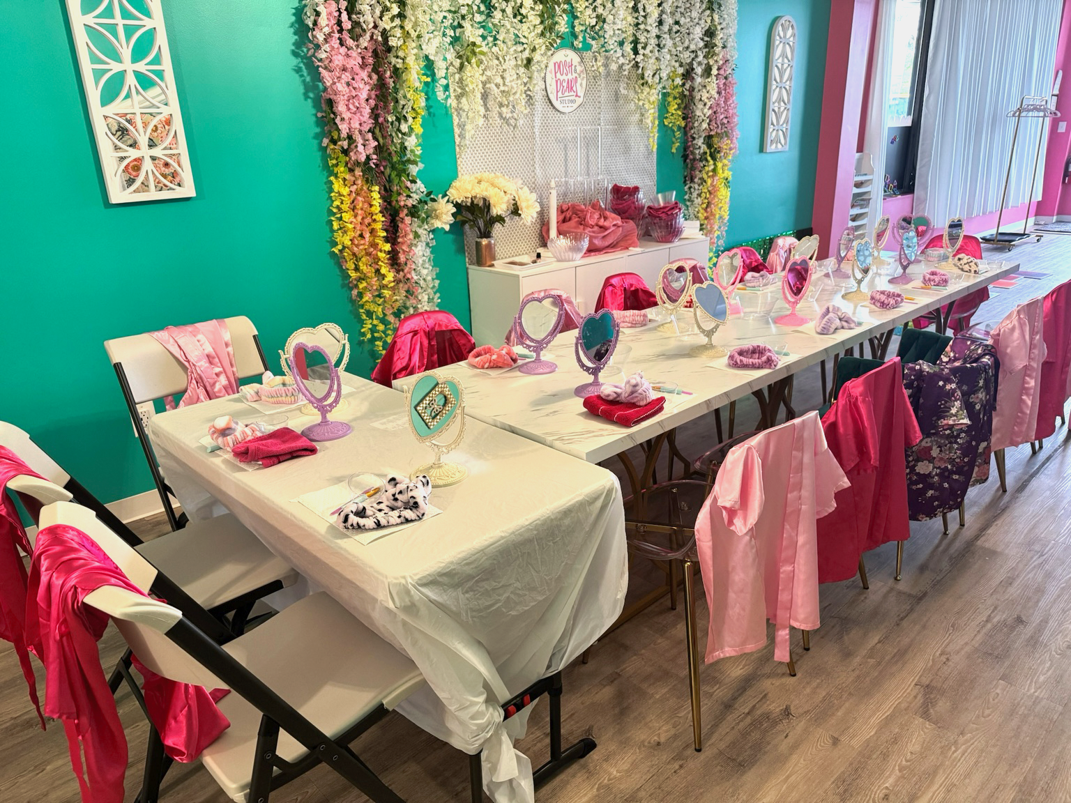 Spa Party tables, mirrors and robes at Posh & Pearl Studio
