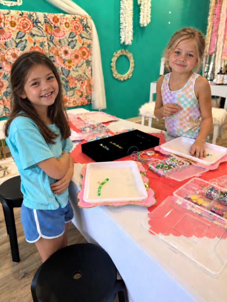 Children making bead crafts at Posh & Pearl Studio