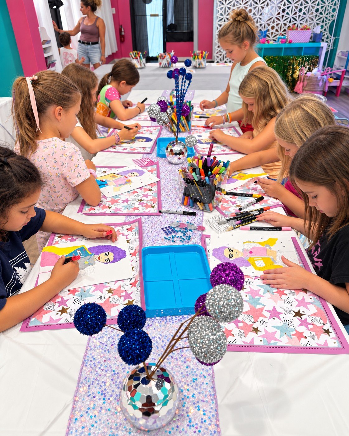Children creating colorful fashion canvases at a Posh & Pearl Studio workshop